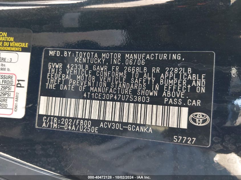 4T1CE30P47U753803 2007 Toyota Camry Solara Se