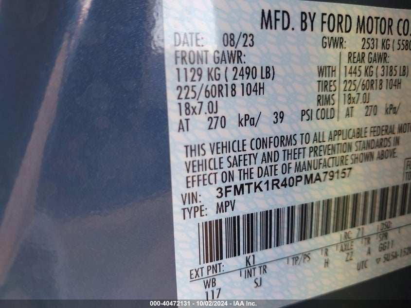 2023 FORD MUSTANG MACH-E(VIN: 3FMTK1R40PMA79157