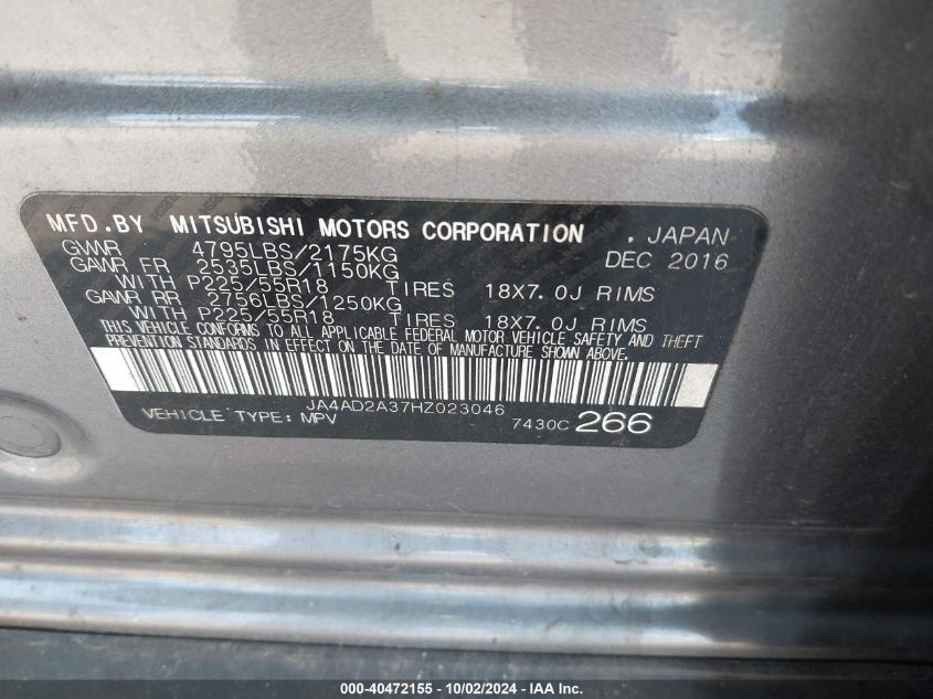 JA4AD2A37HZ023046 2017 Mitsubishi Outlander Es