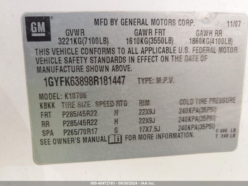 1GYFK63898R181447 2008 Cadillac Escalade Standard