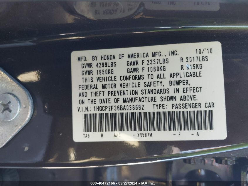 1HGCP2F36BA038692 2011 Honda Accord 2.4 Lx