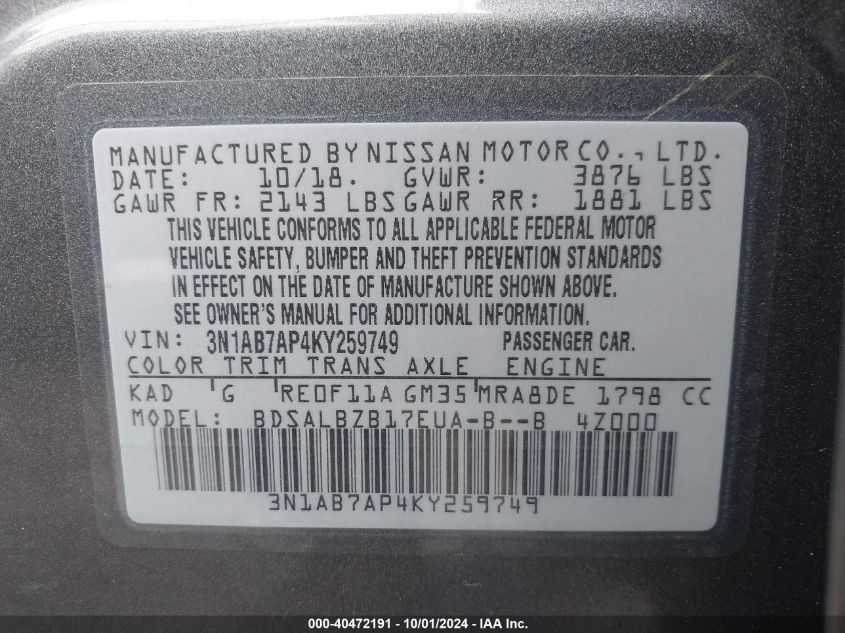 3N1AB7AP4KY259749 2019 Nissan Sentra S