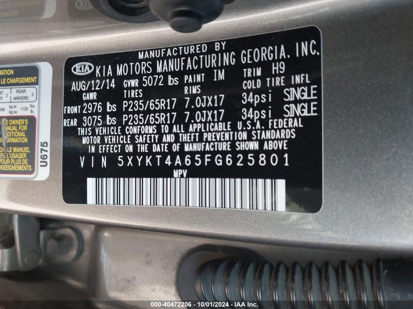 5XYKT4A65FG625801 2015 Kia Sorento Lx