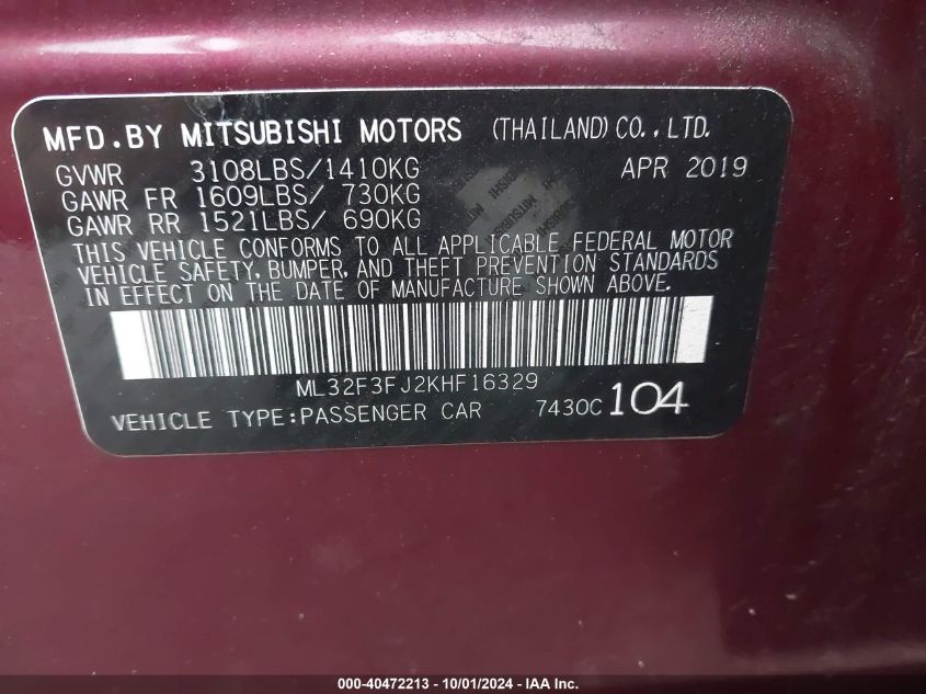 2019 Mitsubishi Mirage G4 G4 Es VIN: ML32F3FJ2KHF16329 Lot: 40472213