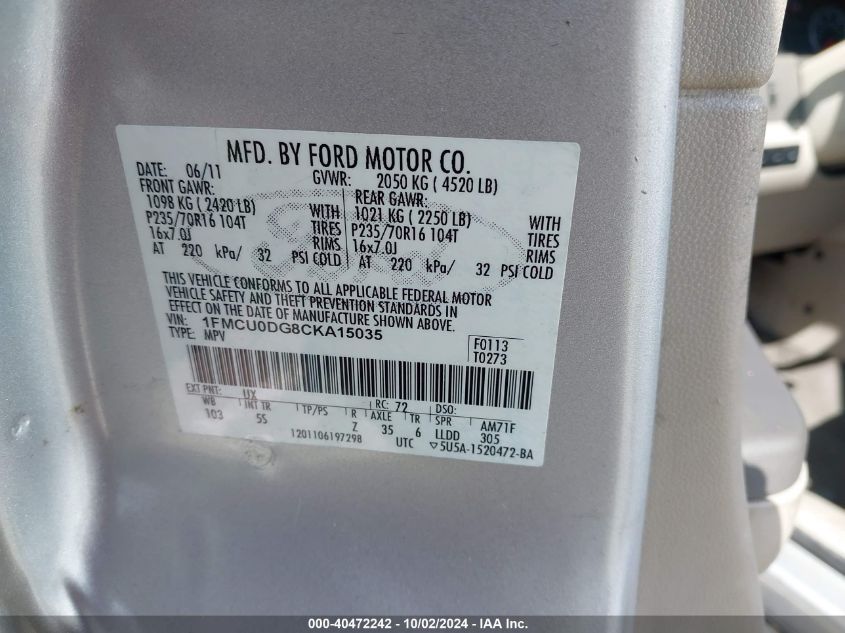 1FMCU0DG8CKA15035 2012 Ford Escape Xlt