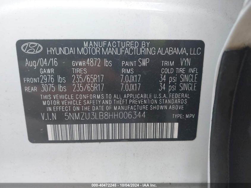 5NMZU3LB8HH006344 2017 Hyundai Santa Fe Sport 2.4L