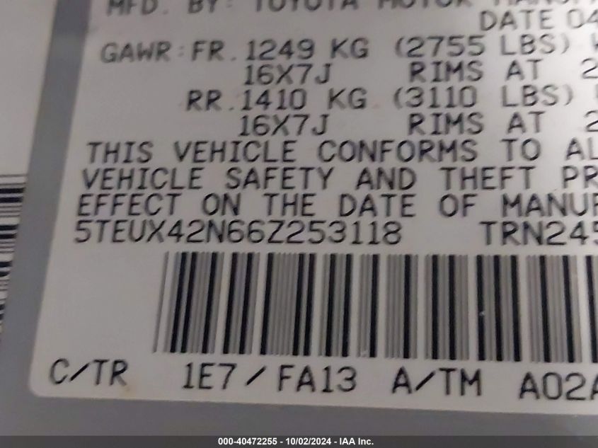 2006 Toyota Tacoma VIN: 5TEUX42N66Z253118 Lot: 40472255