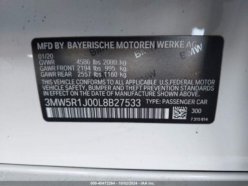 2020 BMW 330I VIN: 3MW5R1J00L8B27533 Lot: 40472264