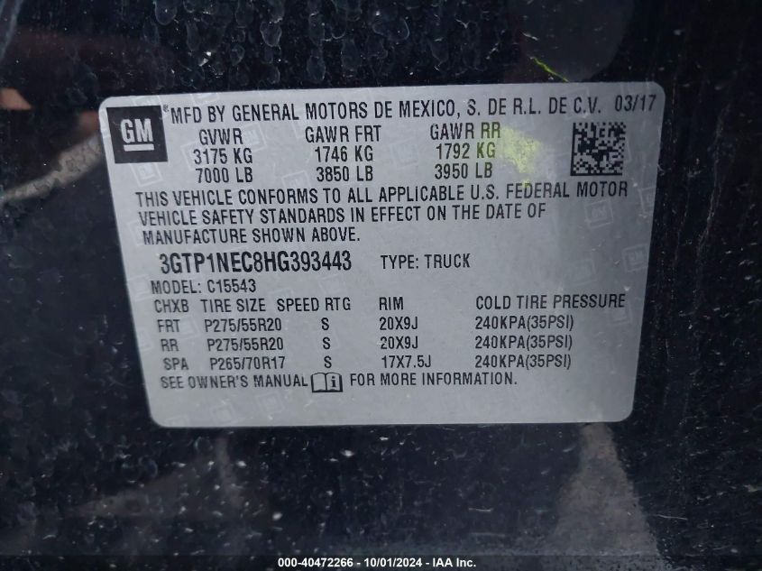 3GTP1NEC8HG393443 2017 GMC Sierra 1500 Slt