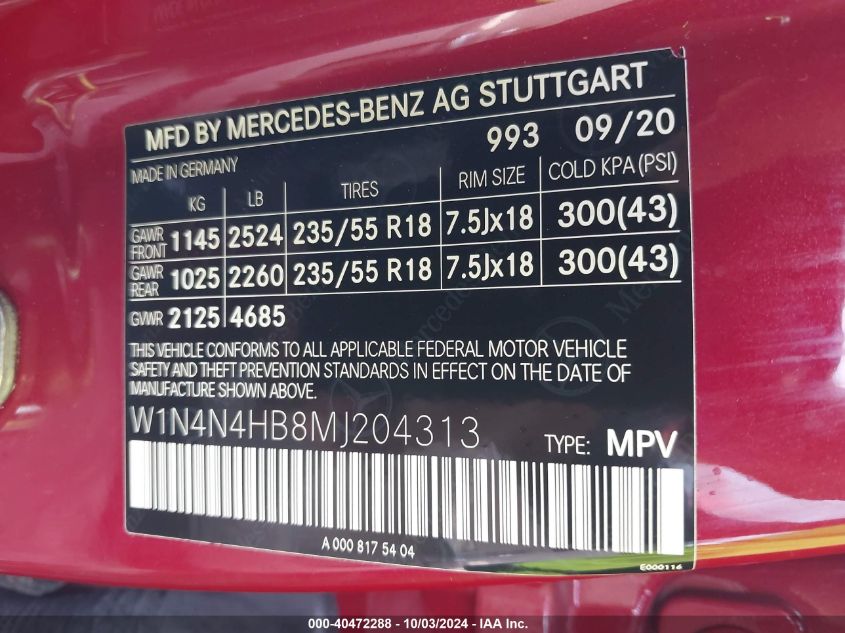 W1N4N4HB8MJ204313 2021 Mercedes-Benz Gla 250 4Matic