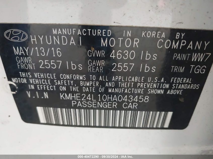 2017 Hyundai Sonata Hybrid Se VIN: KMHE24L10HA043458 Lot: 40472290