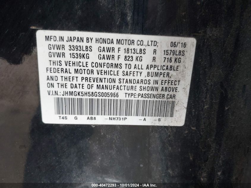 JHMGK5H58GS005966 2016 Honda Fit Lx