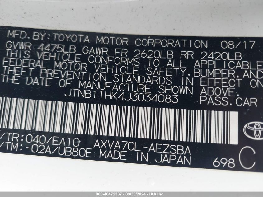 2018 Toyota Camry Se VIN: JTNB11HK4J3034083 Lot: 40472337