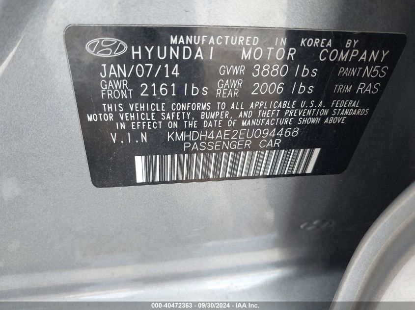 2014 Hyundai Elantra Se VIN: KMHDH4AE2EU094468 Lot: 40472363