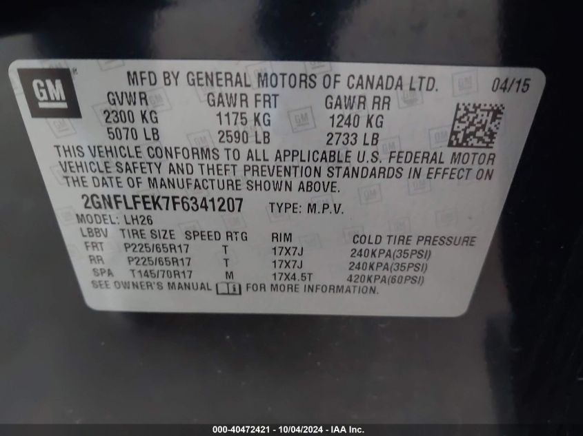 2GNFLFEK7F6341207 2015 Chevrolet Equinox 1Lt