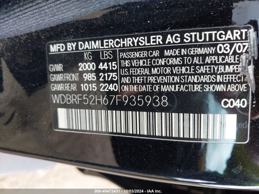 2007 Mercedes-Benz C 230 Sport VIN: WDBRF52H67F935938 Lot: 40472431