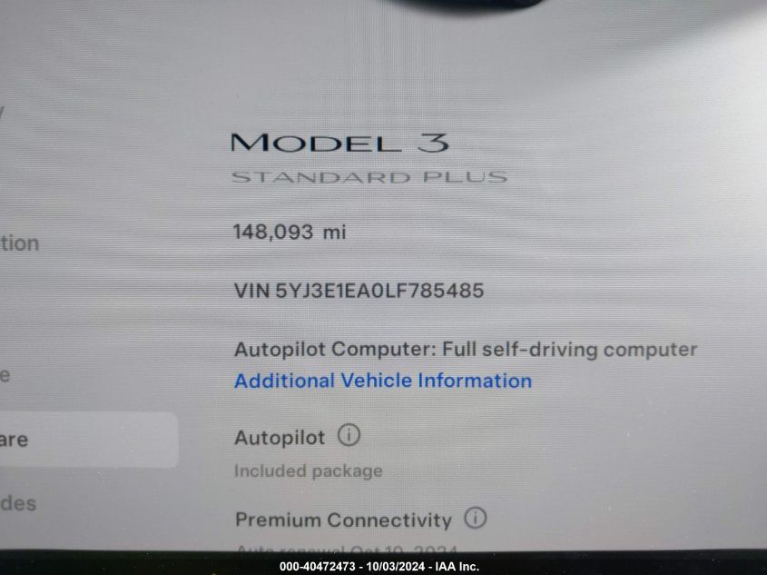 2020 Tesla Model 3 Standard Range Plus Rear-Wheel Drive/Standard Range Rear-Wheel Drive VIN: 5YJ3E1EA0LF785485 Lot: 40472473