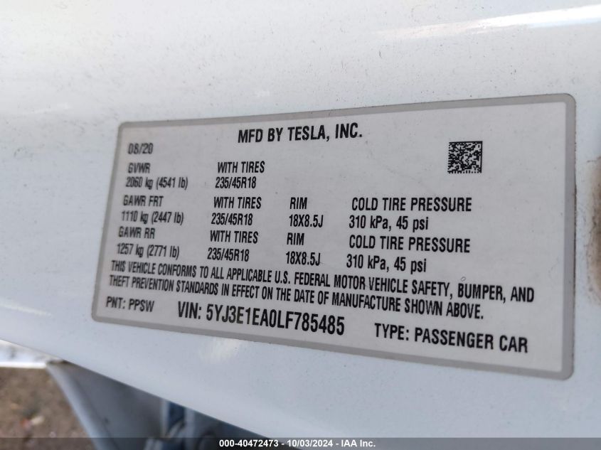 2020 Tesla Model 3 Standard Range Plus Rear-Wheel Drive/Standard Range Rear-Wheel Drive VIN: 5YJ3E1EA0LF785485 Lot: 40472473