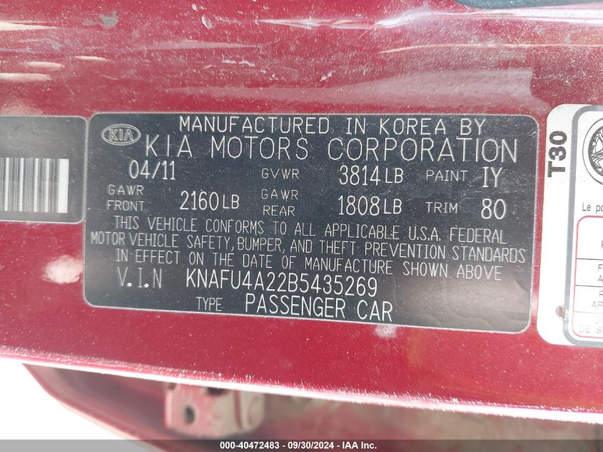 KNAFU4A22B5435269 2011 Kia Forte Ex