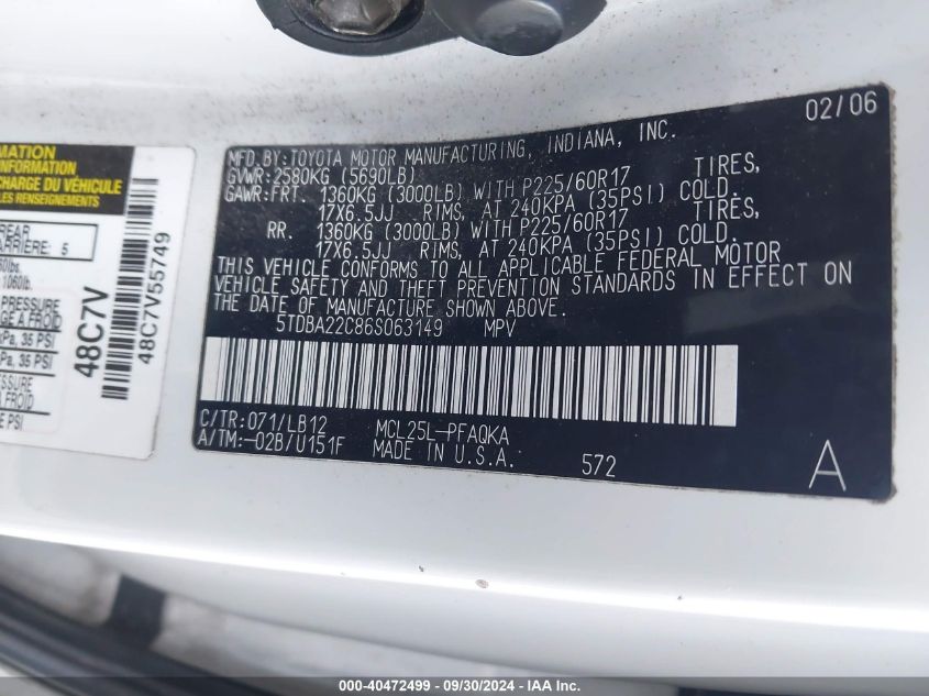 5TDBA22C86S063149 2006 Toyota Sienna Xle Limited