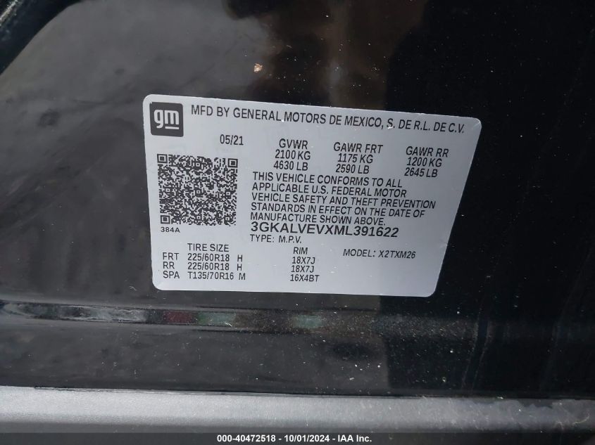 2021 GMC Terrain Slt VIN: 3GKALVEVXML391622 Lot: 40472518