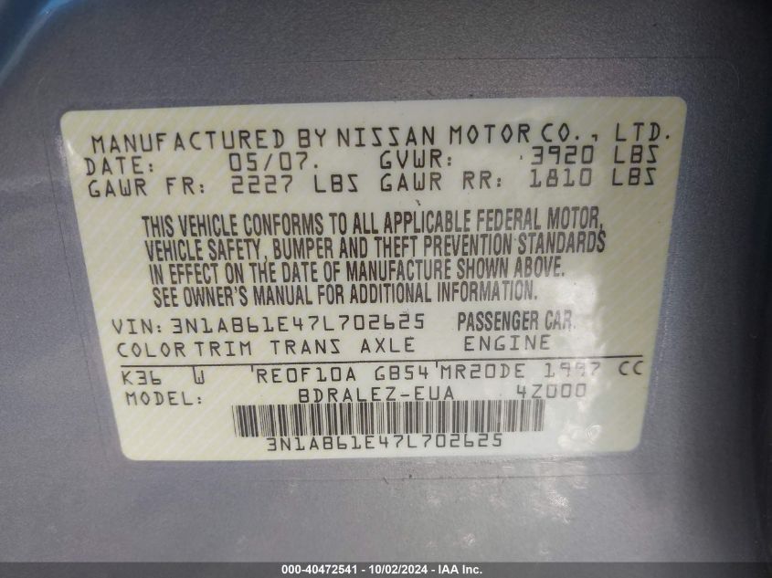 3N1AB61E47L702625 2007 Nissan Sentra 2.0S