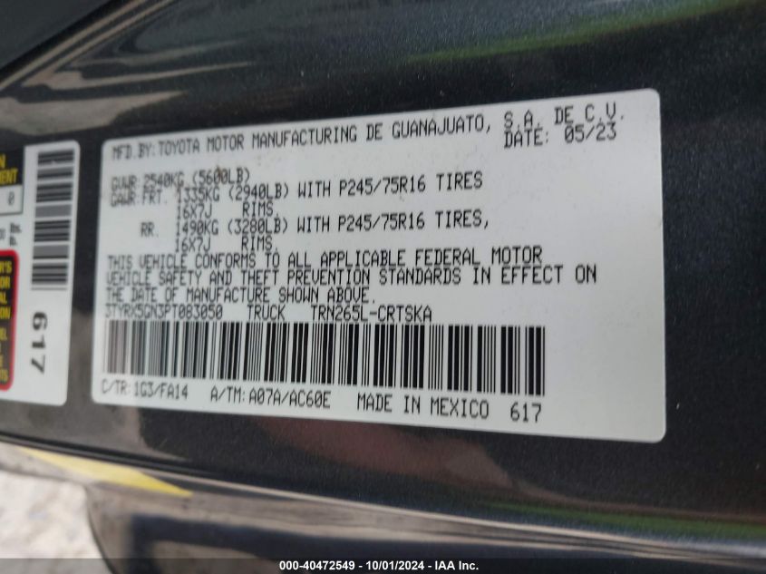 2023 Toyota Tacoma Sr VIN: 3TYRX5GN3PT083050 Lot: 40472549