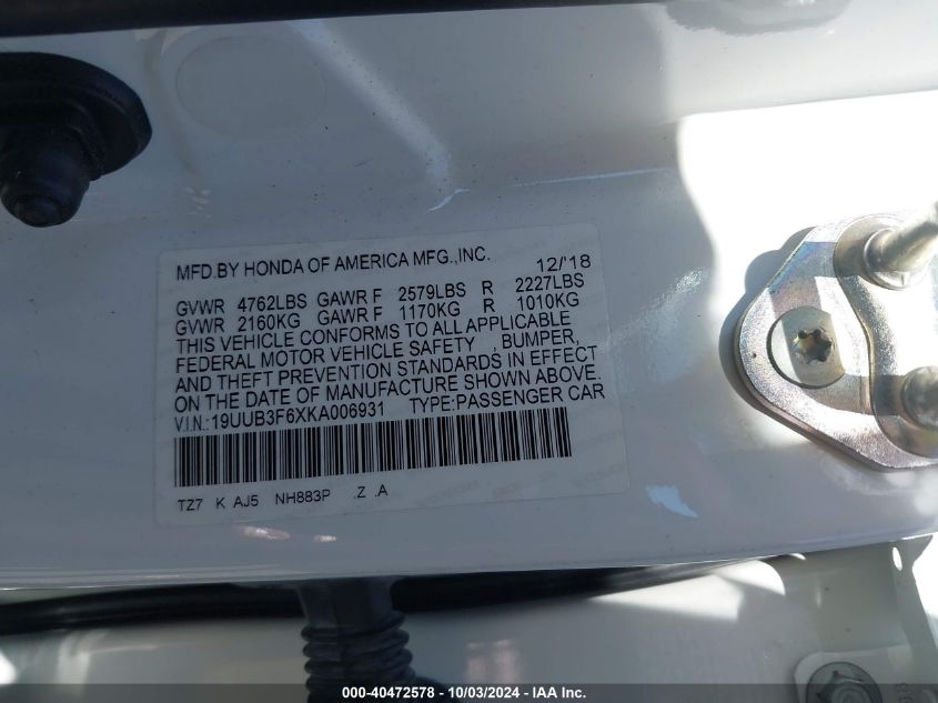 19UUB3F6XKA006931 2019 Acura Tlx Tech A-Spec Pkgs