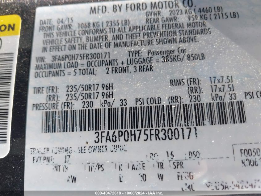 2015 FORD FUSION SE - 3FA6P0H75FR300171