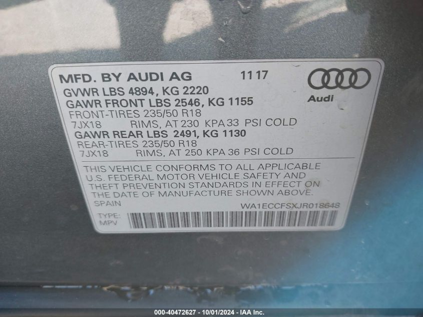 2018 Audi Q3 Premium VIN: WA1ECCFSXJR018648 Lot: 40472627