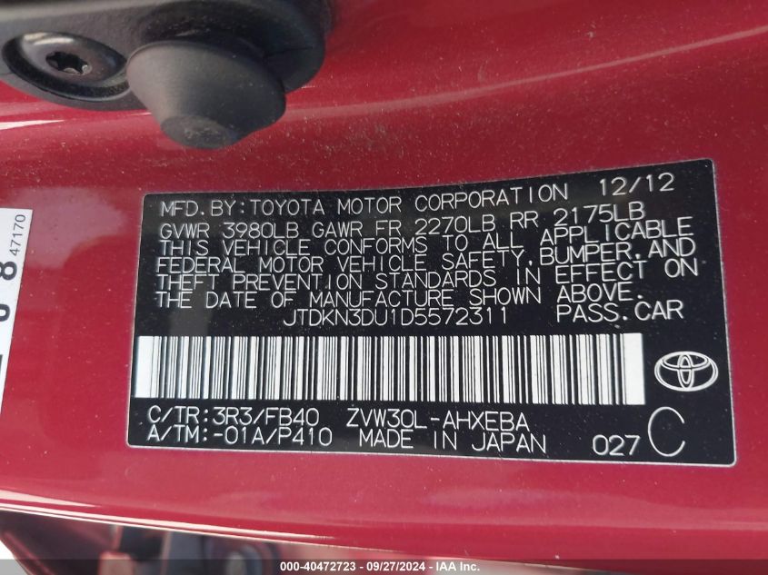 JTDKN3DU1D5572311 2013 Toyota Prius Two