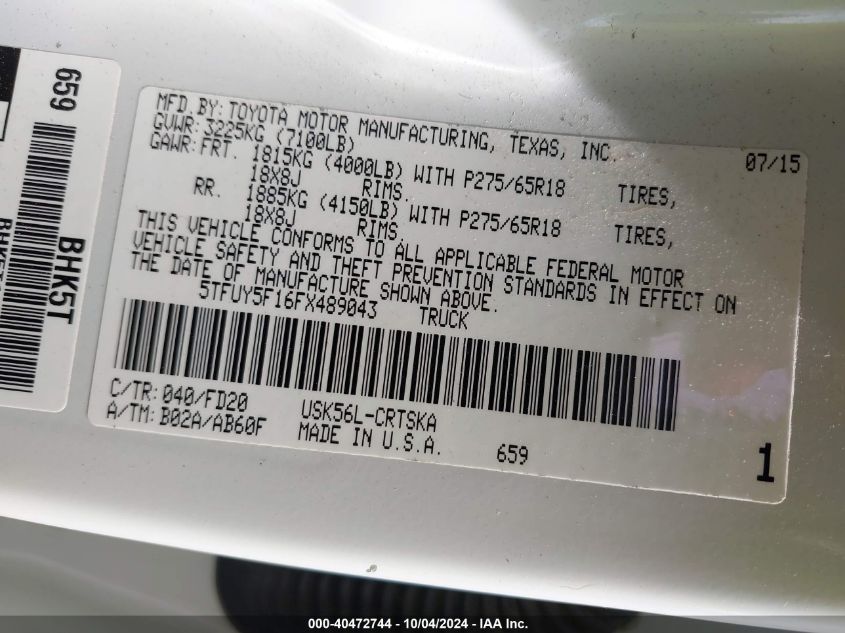 5TFUY5F16FX489043 2015 Toyota Tundra Trd Pro 5.7L V8