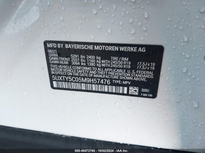 2021 BMW X3 xDrive30I VIN: 5UXTY5C05M9H57476 Lot: 40472765