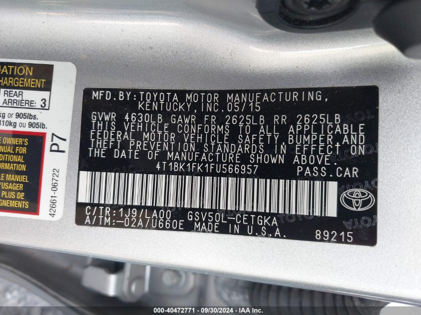 4T1BK1FK1FU566957 2015 Toyota Camry Xle V6