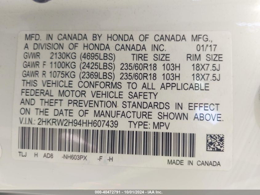 2HKRW2H94HH607439 2017 Honda Cr-V Touring