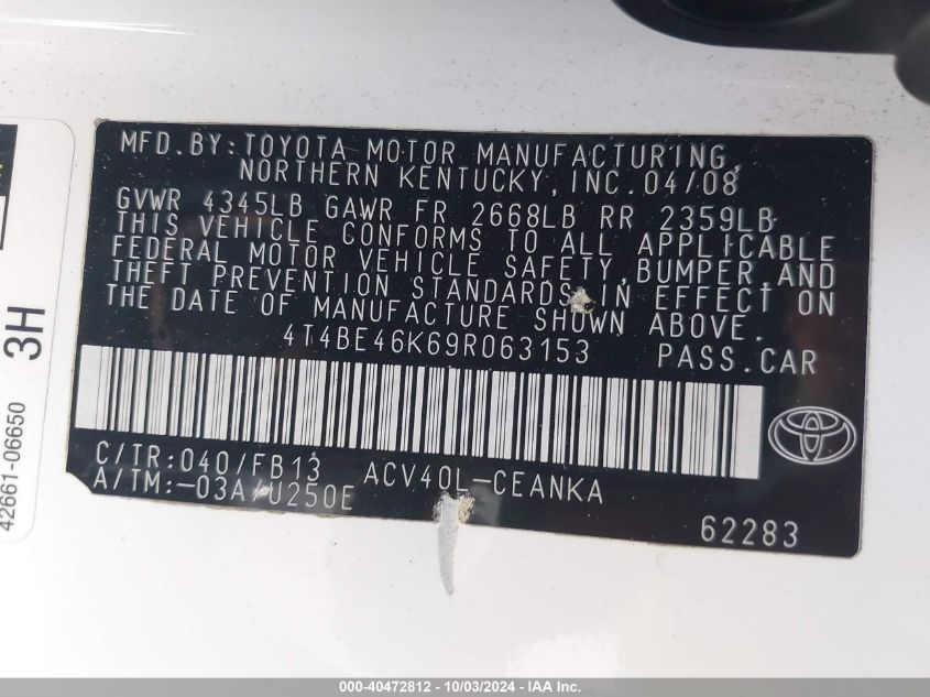 4T4BE46K69R063153 2009 Toyota Camry Le