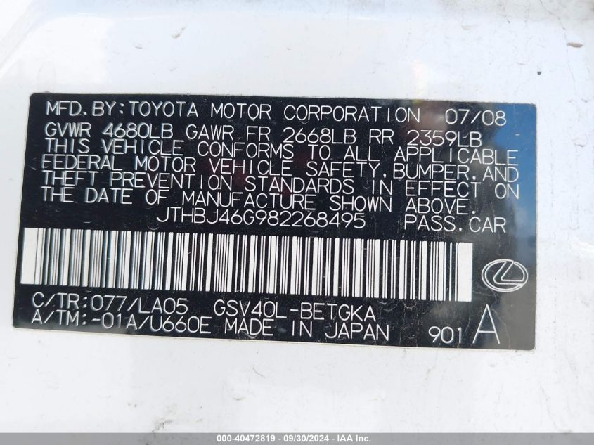 JTHBJ46G982268495 2008 Lexus Es 350