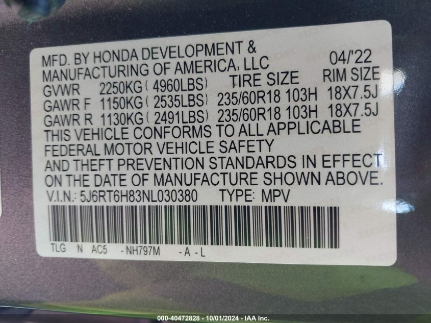 2022 Honda Cr-V Hybrid Ex-L VIN: 5J6RT6H83NL030380 Lot: 40472828