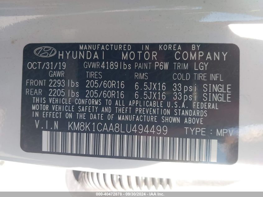 KM8K1CAA8LU494499 2020 Hyundai Kona Se