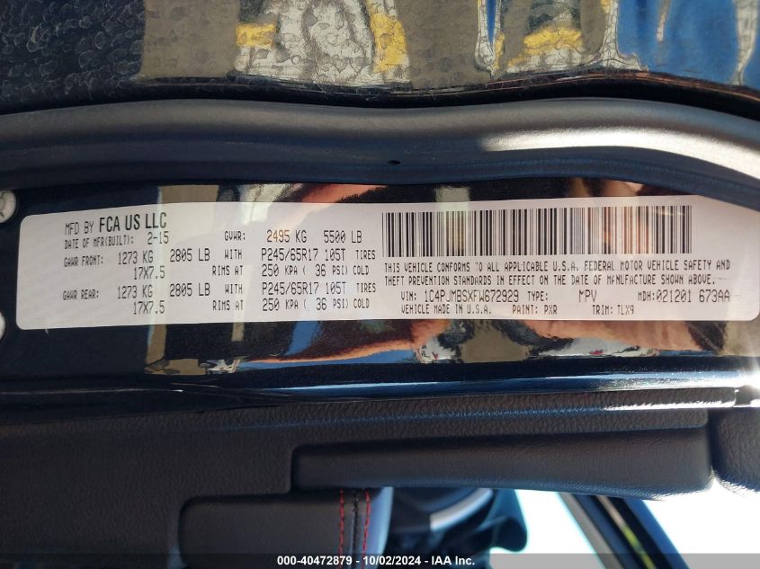 1C4PJMBSXFW672929 2015 Jeep Cherokee Trailhawk