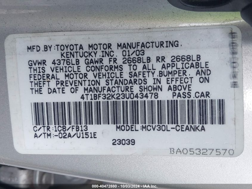 4T1BF32K23U043478 2003 Toyota Camry Le