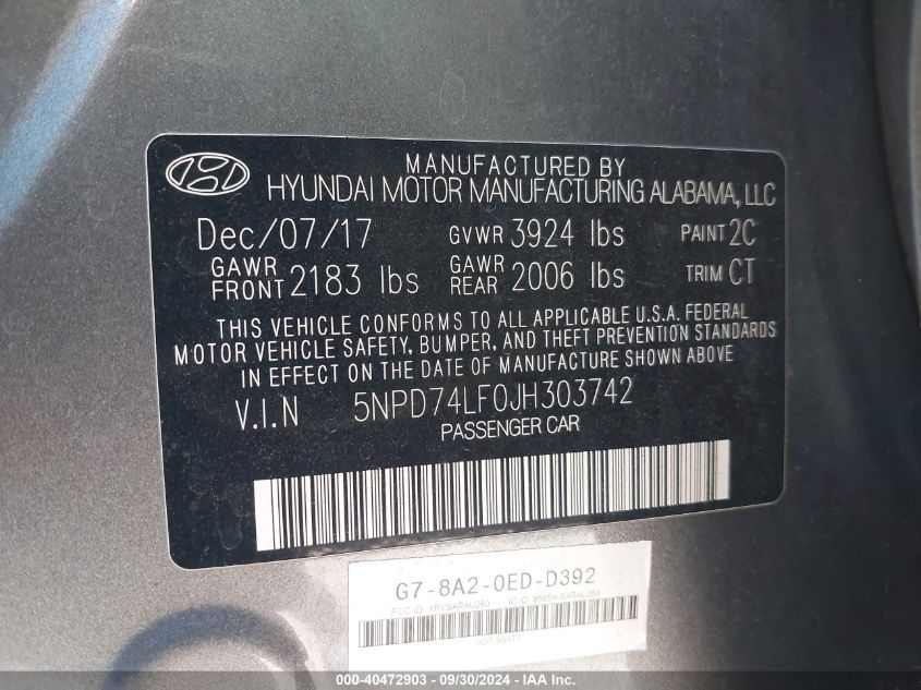 VIN 5NPD74LF0JH303742 2018 HYUNDAI ELANTRA SE