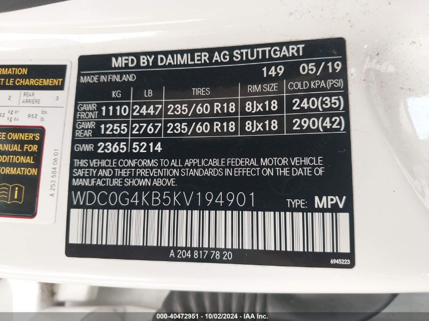 WDC0G4KB5KV194901 2019 Mercedes-Benz Glc 300 4Matic