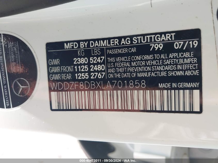 WDDZF8DBXLA701858 2020 Mercedes-Benz E 350