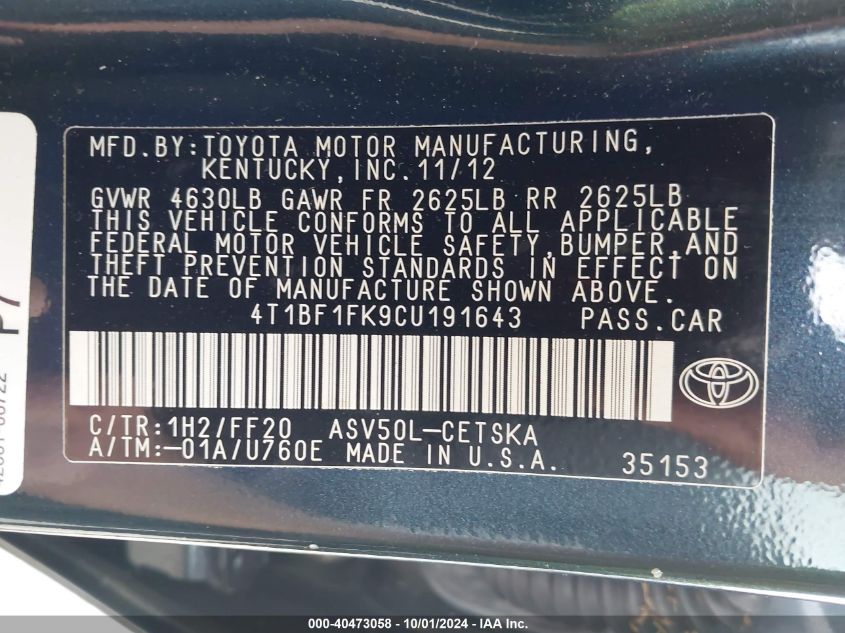 2012 Toyota Camry Se VIN: 4T1BF1FK9CU191643 Lot: 40473058