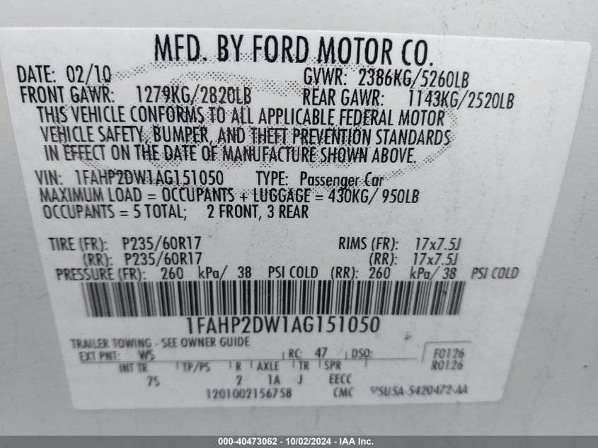 1FAHP2DW1AG151050 2010 Ford Taurus Se