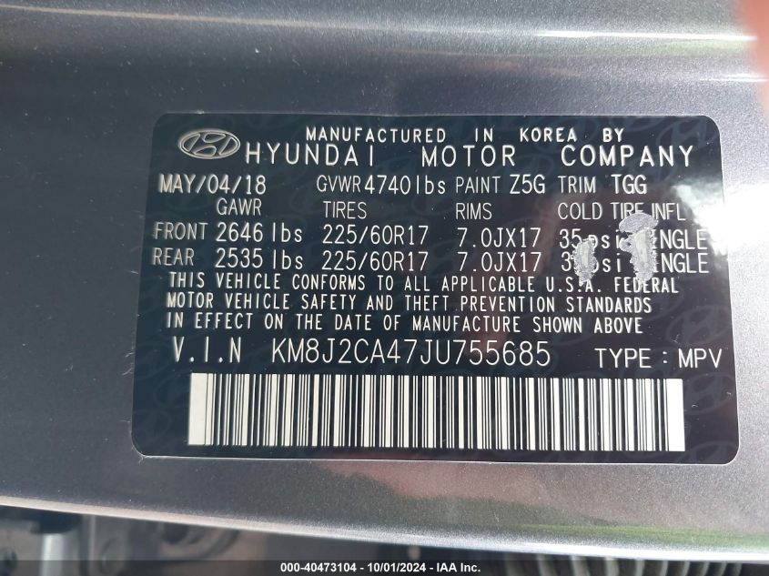 KM8J2CA47JU755685 2018 Hyundai Tucson Se