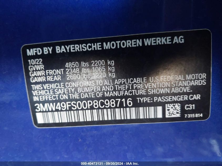 2023 BMW 3 Series M340I VIN: 3MW49FS00P8C98716 Lot: 40473131