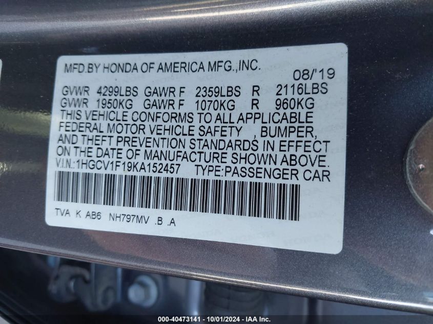 1HGCV1F19KA152457 2019 Honda Accord Sedan Lx