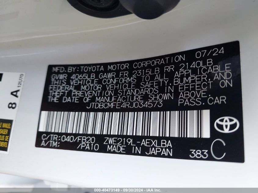 2024 Toyota Corolla Hybrid Le VIN: JTDBCMFE4RJ034573 Lot: 40473149